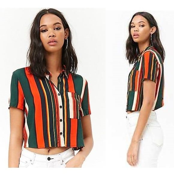 Colourful Striped Crop Shirt with Cut-Out Back Size S - Picture 2 of 16